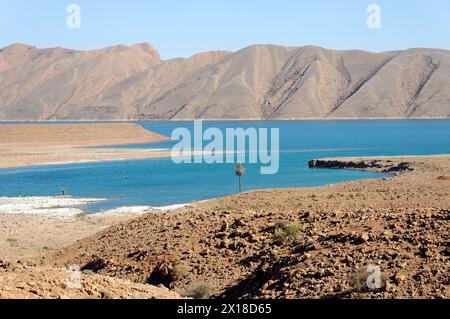 In der Nähe von Erfoud, Ein friedliches Bild einer Oase in der Wüste mit klarem blauem Wasser, Mittlerer Atlas, Marokko Stockfoto