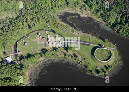 Archäologisches Freilichtmuseum Gross Raden, Luftaufnahme, slawischer Burganlage, Siedlung, Altslawisch, Holzgebäude, Obotritenstamm Stockfoto
