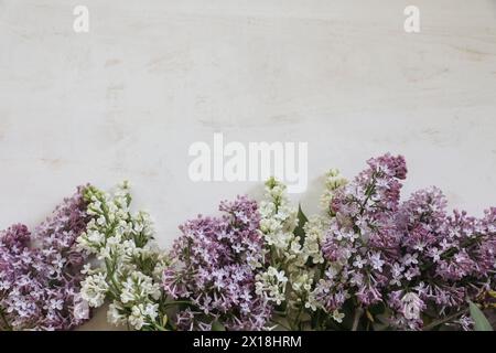 Lila und weiße Fliederblüten. Blühende Äste von Syringa vulgaris auf einer verschwommenen weißen, schäbigen Holzoberfläche. Hintergrund der alten Tabelle. Blumenrahmen Stockfoto