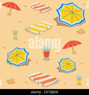 Nahtloses Strandmuster. Sonnenschirm und Handtuch mit Getränk in Glas auf Sand. Flaches Design. Sommer Hintergrund. Vektorabbildung Stock Vektor