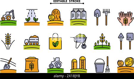 Farb-Symbole für Landwirtschaft und Gärtner. Bearbeitbare Kontur. Enthält Symbole wie landwirtschaftliche Werkzeuge, Silo, Haystack, Getreide, Bewässerung, Schubkarre und mehr Stock Vektor