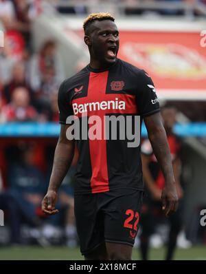 Leverkusen, Deutschland. April 2024. Victor Boniface (Bayer), Leverkusen, Deutschland, 14.04.2024, 1. Bundesliga, 29. Spieltag, Bayer 04 Leverkusen - Werder Bremen. DFL-VORSCHRIFTEN VERBIETEN DIE VERWENDUNG VON FOTOS ALS BILDSEQUENZEN UND LIVE NEWS Stockfoto