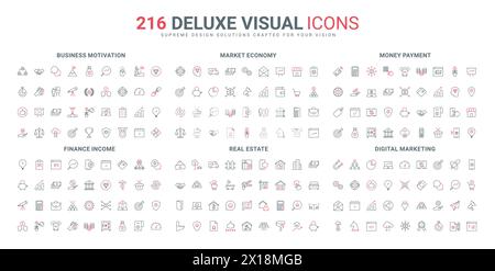 Marktwirtschaft und Wachstum der Finanzbanken, Symbole für die Versteigerungslinie für Immobilien. Überwachung von Investitionen und Barzahlungen, Karriereplan und Effektivität dünne schwarze und rote Umrisssymbole Vektorillustration Stock Vektor