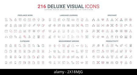 Liniensymbole für die Unternehmensproduktivität. Unternehmensabteilung, Unternehmenskommunikation, Wörterbuch und Zwischenablage mit digitalen Dateien dünne schwarze und rote Umrisssymbole Vektorillustration Stock Vektor