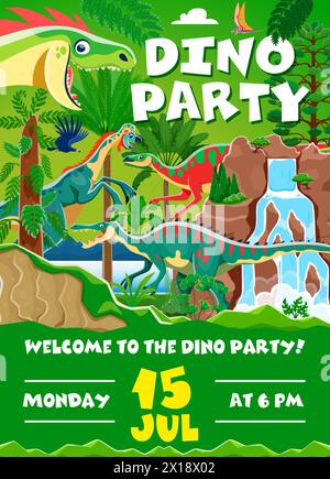 Dino-Partyflyer mit lustigen Dinosaurierfiguren, Vektor-Einladungsplakat für Kinder. Geburtstagsfeier mit jurassischen Monstern, die Spaß, Spiele, prähistorische Abenteuer und Überraschungen bieten Stock Vektor