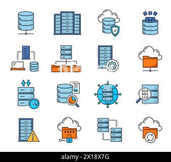 Farbdatenbank Netzwerkserver- und Cloud-Speicher-Symbole, Internet-Technologie-Vektorlinien-Symbole. Symbole für Datensicherung, Übertragung, Verschlüsselung und serversicherer Zugriffsschutz durch Passwort Stock Vektor