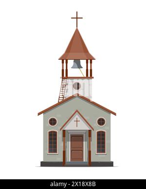 Westliche Kirche Tempelgebäude, wilde westliche Gemeinde. Isoliertes Vektor religiöses Haus alte amerikanische Landstadt. Hölzerne katholische Religionskapelle mit Kreuz und Glockenturm mit Leiter, versprühen Grenzcharakter Stock Vektor