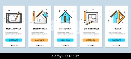 Architektenentwicklung, Renovierung und Innenraumsymbole, Onboarding-Bildschirme für mobile Apps. Vektor-UI-Banner Vorlagen für Bauplan, Designprojekt, Berechnung und Überprüfung mit dünnen Bleistiften und Linealen Stock Vektor