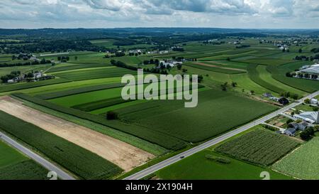 Die weitläufige Luftperspektive des reichen, grünen Ackerlandes, unterteilt durch Straßen und Zäune, zeigt die organisierte Schönheit des ländlichen Ackerlandes. Stockfoto