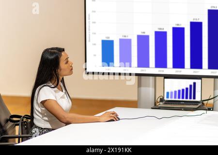 Eine junge Frau steuert eine Präsentation auf dem Bildschirm mit einer Maus mit einem Laptop Stockfoto