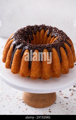 Traditioneller Pfund-Kuchen oder orangener Teichkuchen mit Schokoladenganache und Schokoladenstreuseln Stockfoto