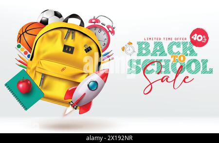 Back to School Sale Vektor Banner Design. Back-to-School-Angebotstext für kurze Zeit mit 50 % Rabatt auf den Einkauf von Lehrmaterial und -Artikeln. Stock Vektor