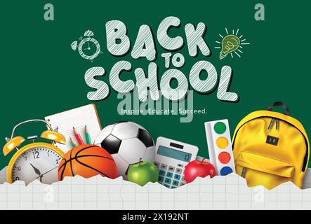 Back to School Text Vector Template Design. Gruß zum Schulbeginn im Grünen mit Rucksack, Fußball, Wecker, Taschenrechner und Wasserfarbe Stock Vektor