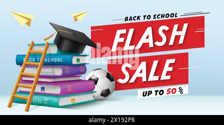 Schule Flash Verkauf Text Vektor Banner Design. Back to School 50 % Rabatt auf Shopping-Aktion mit lehrreichen Artikeln, Elementen und Materialien Stock Vektor
