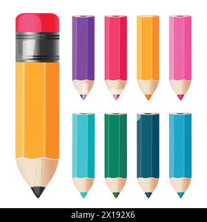 Schule Farbe Bleistift Vektor Set Design. School Elements Schüler Bleistift und bunte Farbe Bleistift Zeichnung und Schreiben Artikel Sammlung isoliert in weiß Stock Vektor