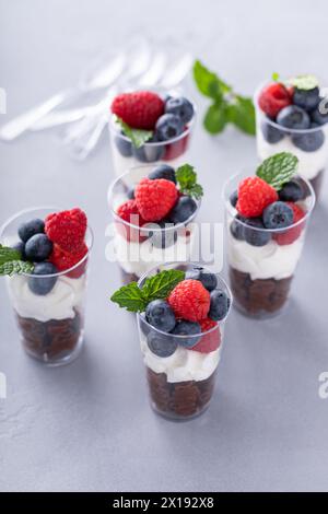 Schokoladen-Mousse-Tassen mit Schlagsahne und frischen Beeren, serviert in einzelnen Tassen Stockfoto