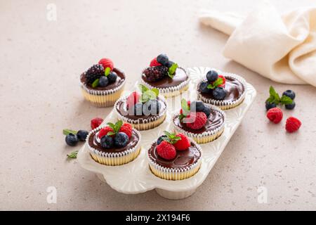 Mini-Vanillekäsekuchen in einer Muffinpfanne mit Schokoladenganache serviert mit frischen Beeren Stockfoto