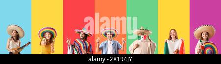 Gruppe mexikanischer Leute auf farbigem Hintergrund Stockfoto
