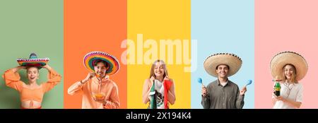 Set junger mexikanischer Leute auf farbigem Hintergrund Stockfoto