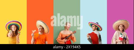 Collage junger Mexikaner in Sombreros auf farbigem Hintergrund Stockfoto