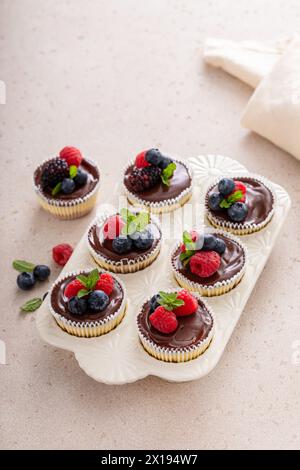 Mini-Vanillekäsekuchen in einer Muffinpfanne mit Schokoladenganache serviert mit frischen Beeren Stockfoto