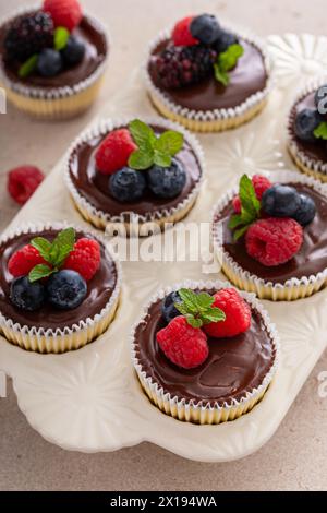 Mini-Vanillekäsekuchen in einer Muffinpfanne mit Schokoladenganache serviert mit frischen Beeren Stockfoto
