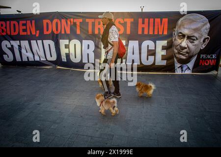 Tel Aviv, Israel. April 2024. Ein Mann geht mit seinen Hunden an einem Banner vorbei, das US-Präsident Joe Biden aufruft, den israelischen Premierminister Benjamin Netanjahu während einer Demonstration daran zu hindern, den Iran anzugreifen. Israel hat nach einem beispiellosen Drohnen- und Raketenangriff am Wochenende, der die regionalen Spannungen, die durch den Krieg in Gaza geschürt wurden, verschärft hat, gelobt, vom Iran einen "Preis" abzugeben. (Foto von Eyal Warshavsky/ SOPA Images/SIPA USA) Credit: SIPA USA/Alamy Live News Stockfoto