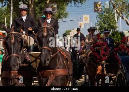 Männer, die auf Pferden reiten, werden während einer Parade auf der Messe Kutschen ziehen sehen. Die Aprilmesse ist eines der internationalen und beliebtesten Festivals in Sevilla. 1847 als Viehmesse gegründet, übernahm der festliche Aspekt der Veranstaltung im Laufe der Zeit den kommerziellen Teil, bis sie zu einem wichtigen Ereignis für die Sevillianer wurde. Eine Woche lang wurden mehr als tausend Stände auf dem Messegelände zum zweiten Zuhause der Einwohner dieser Stadt, ein Ort, an dem sie sich teilen und Spaß in Gesellschaft haben können bis in die frühen Morgenstunden. Während des Festivals werden die Leute in typischen Anda gekleidet Stockfoto