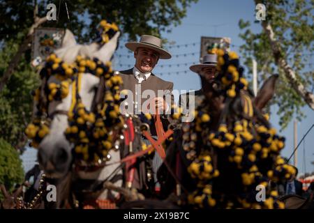 Männer, die auf Pferden reiten, werden während einer Parade auf der Messe Kutschen ziehen sehen. Die Aprilmesse ist eines der internationalen und beliebtesten Festivals in Sevilla. 1847 als Viehmesse gegründet, übernahm der festliche Aspekt der Veranstaltung im Laufe der Zeit den kommerziellen Teil, bis sie zu einem wichtigen Ereignis für die Sevillianer wurde. Eine Woche lang wurden mehr als tausend Stände auf dem Messegelände zum zweiten Zuhause der Einwohner dieser Stadt, ein Ort, an dem sie sich teilen und Spaß in Gesellschaft haben können bis in die frühen Morgenstunden. Während des Festivals werden die Leute in typischen Anda gekleidet Stockfoto