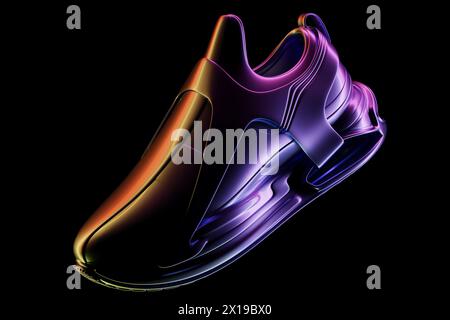 3D-Illustration von farbenfrohen Sneakers mit Schaumstoffsohlen und Verschluss in Neonfarbe auf schwarzem Hintergrund. Sneakers, Seitenansicht. Modische Sneakers. Stockfoto