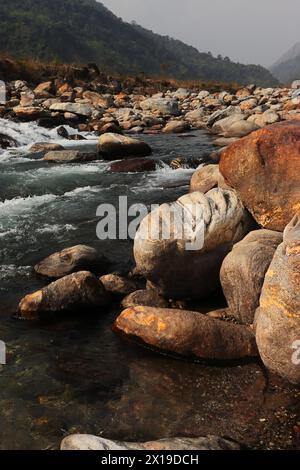 terai-Dooars Region von westbengalen bei Dudhia. Wunderschöner Gebirgsbach (Balason-Fluss), der durch das Tal fließt, himalaya-Ausläufer in indien Stockfoto