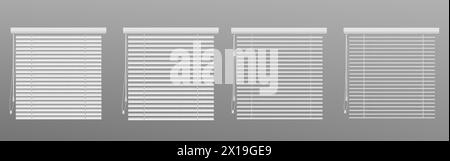 Animationsset für Jalousien bei offenem und geschlossenem Fenster isoliert auf grauem Hintergrund. Vektor-realistische Illustration der horizontalen weißen Fensterläden, Jalousie-Schatten für zu Hause, Büro-Innenraum, Metall-Sonnenschirmkollektion Stock Vektor
