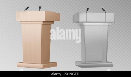 3D-Glaskanzel-Podium. Sprechständer aus Holz mit Lautsprechermikrofon für Konferenzen oder Debatten. Isoliertes Tribünen-Design mit Mikrofon für Redner, der mit Presse oder öffentlicher Zeremonie spricht. Stock Vektor