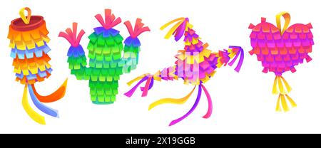 Mexikanische Pinatas auf weißem Hintergrund. Vektor-Karikaturillustration der bunten Papierdekoration für traditionelle Geburtstagsfeier, Wettbewerb mit Süßigkeiten für Kinder Spaß und Unterhaltung Stock Vektor