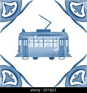 Gelbe Straßenbahn Nr. 28. In der monochromen Technik der Azulejo-Fliesenfarben blau und weiß. Aquarellabbildung. Element der Azulejo-Fliesen. Für Stockfoto