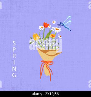 Wildblumen Blumenstrauß Papier Verpackung strukturierter blauer Hintergrund. Libelle schmeichelt Tulpen. Rechteckiges Banner des Frühlingsposters. Illustration des flachen Vektors Stock Vektor