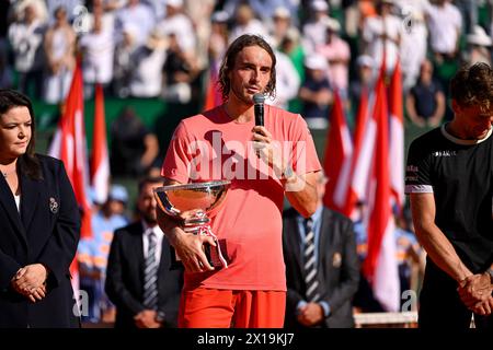 Monaco, Monaco. April 2024. Stefanos Tsitsipas beim Rolex Monte-Carlo Finale ATP Masters 1000 Tennis am 14. April 2024 im Monte Carlo Country Club in Roquebrune Cap Martin, Frankreich bei Monaco. Foto: Victor Joly/ABACAPRESS.COM Credit: Abaca Press/Alamy Live News Stockfoto