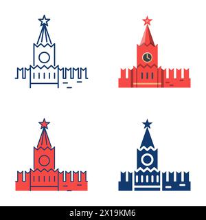 Moskauer Kreml-Turm-Ikone-Set. Spasskaya Turm und Teil der Mauer. Vektorabbildung. Stock Vektor