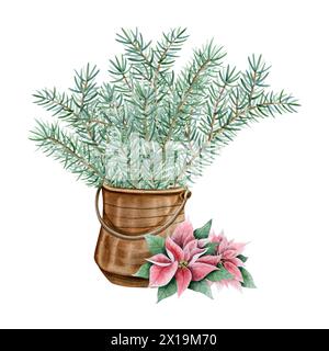 Tannenzweige in Vintage-braunem Topf mit Weihnachtsstern-Blumen-Aquarellillustration. Weihnachtsdekoration Stockfoto