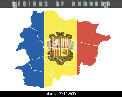 Karte des Landes Andorra. Detaillierte Vektorkarte von Andorra nach Region. Karte von Andorra mit Flagge. Stock Vektor