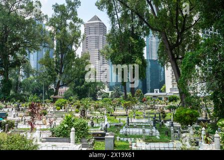 Versteckt in der Nähe von Jln Ampang und getrennt von Kampung Baru durch eine Autobahn ist eines der ältesten muslimischen Grabstätten von KL. Es ist beschattet von riesigen Banyans und Regen Stockfoto