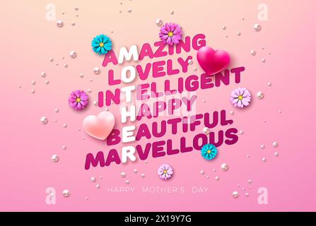 Happy Mother's Day Grußkarte Design mit Herzen und bunten Blumen auf rosa Hintergrund. Vektor Muttertag Illustration für Banner, Postkarte Stock Vektor