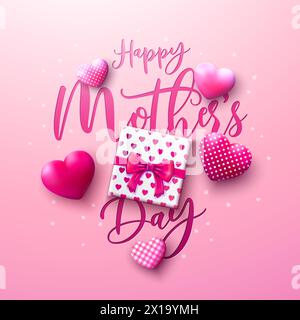 Happy Mother's Day Grußkarte Design mit Herzen und Geschenkbox auf rosa Hintergrund. Vektor-Muttertag-Illustration mit Typografie-Schriftzug für Stock Vektor