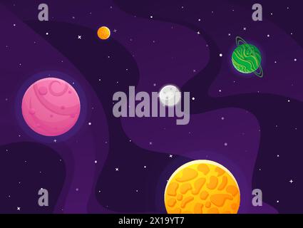 Hintergrund des Cartoons des Weltraums. Niedliches Design für Landingpage, Banner oder Hintergrundbild. Planeten und Sterne im freien Raum. Kindliche Galaxienszene. Illustration des Space Cartoon Vektors. Stock Vektor