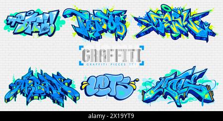 Abstrakte Bunte Städtische Graffiti-Stil Street Art Schriftzug Vektor Illustration Set Stock Vektor