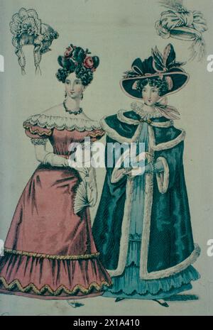 Damenmode in London: Abendkleid und Kutschenkostüme, England, 1828 Stockfoto