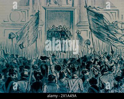 Alphonse de Lamartine spricht die Menschen aus dem Hotel de Ville, Paris, Frankreich an, Abbildung 1848 Stockfoto