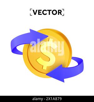 3D-Cashback-Symbol mit goldener Münze, Dollarzeichen und Pfeilen, isoliert auf Hintergrund. Symbol für 3D-Cashback, Symbol für Speichern und Sammeln. Vektorabbildung. Vektorabbildung Stock Vektor