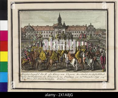 Krönung Kaiser Leopolds II. Zum ungarischen König am 15. November 1790 in Bratislava, Farbätzung und Kupferstich ohne Künstlerunterschrift. - 17900101 PD0199 - Rechteinfo: Rechte verwaltet (RM) Stockfoto