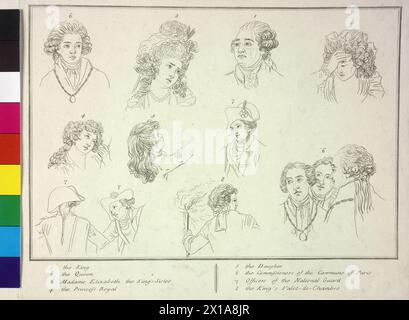 Die Sezession Lewis XVI., König von Frankreich, von seiner Familie am 29.9,1792, illustrierte Person Schlüssel zu einem Stippelstich von Luigi Schiavonetti nach einem Gemälde von Charles Benazech jab Seite PK 3003, 1047. - 17930101 PD0082 - Rechteinfo: Rights Managed (RM) Stockfoto